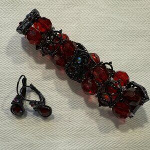 Black Filigree Stretch Bracelet w/Red Rhinestone & Leverback Earrings EUC